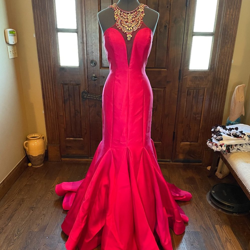 Rachel Allan Hot Pink Embroidered Gown